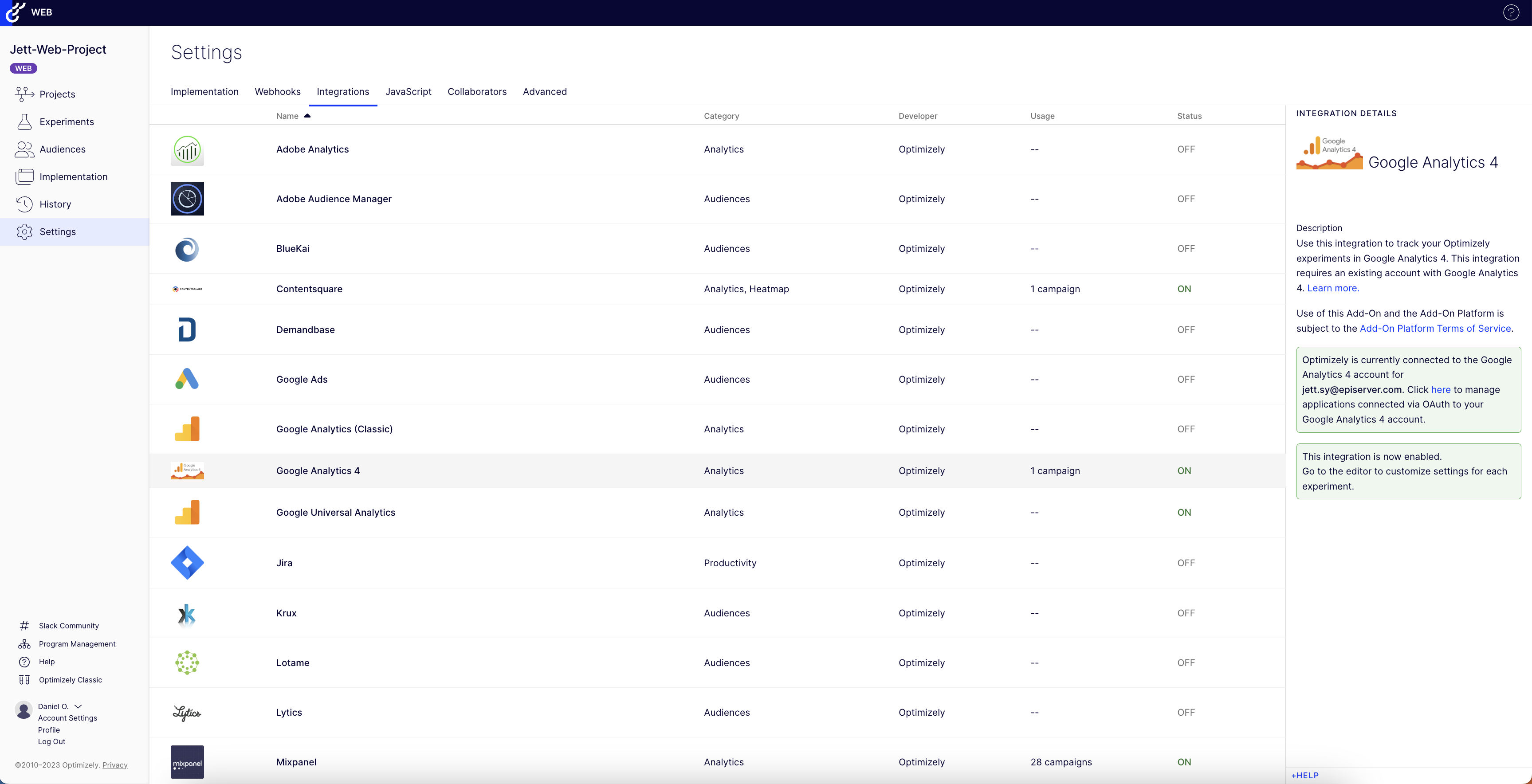 screenshot of Web Experimentation